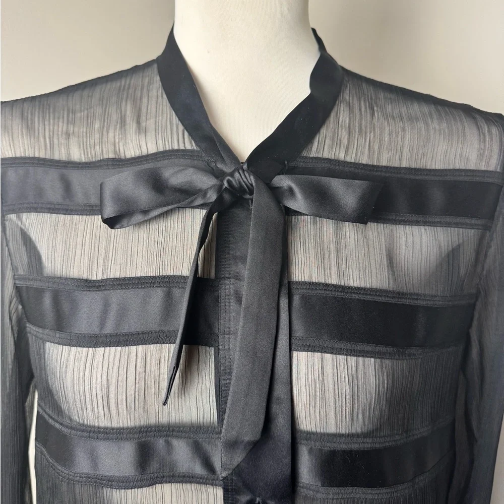 THE KOOPLES Sheer Button Front Striped Shirt w/ Accent Tie Collar BLACK / LARGE - Picture 2 of 15